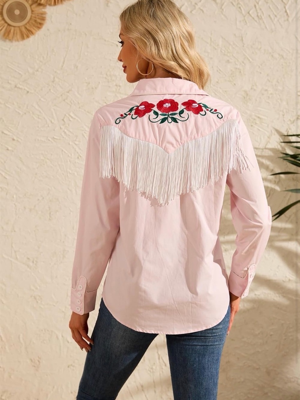 A191 Western Cowgirl Fringe Shirt Sleeve Floral Embroidered Collared LRG Top NWT - Picture 5 of 6